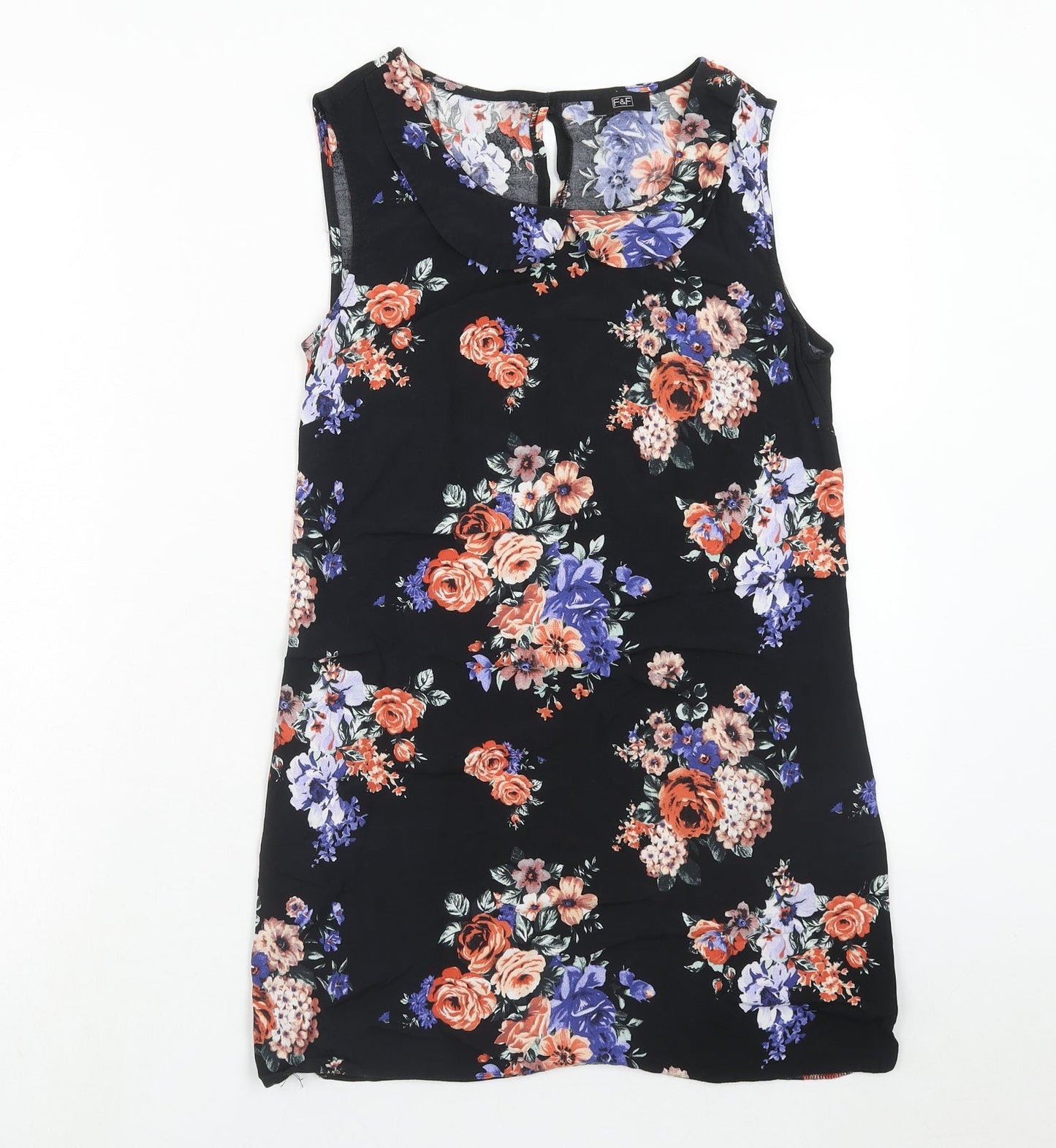 F&F Womens Black Floral Viscose Basic Blouse Size 8 Round Neck