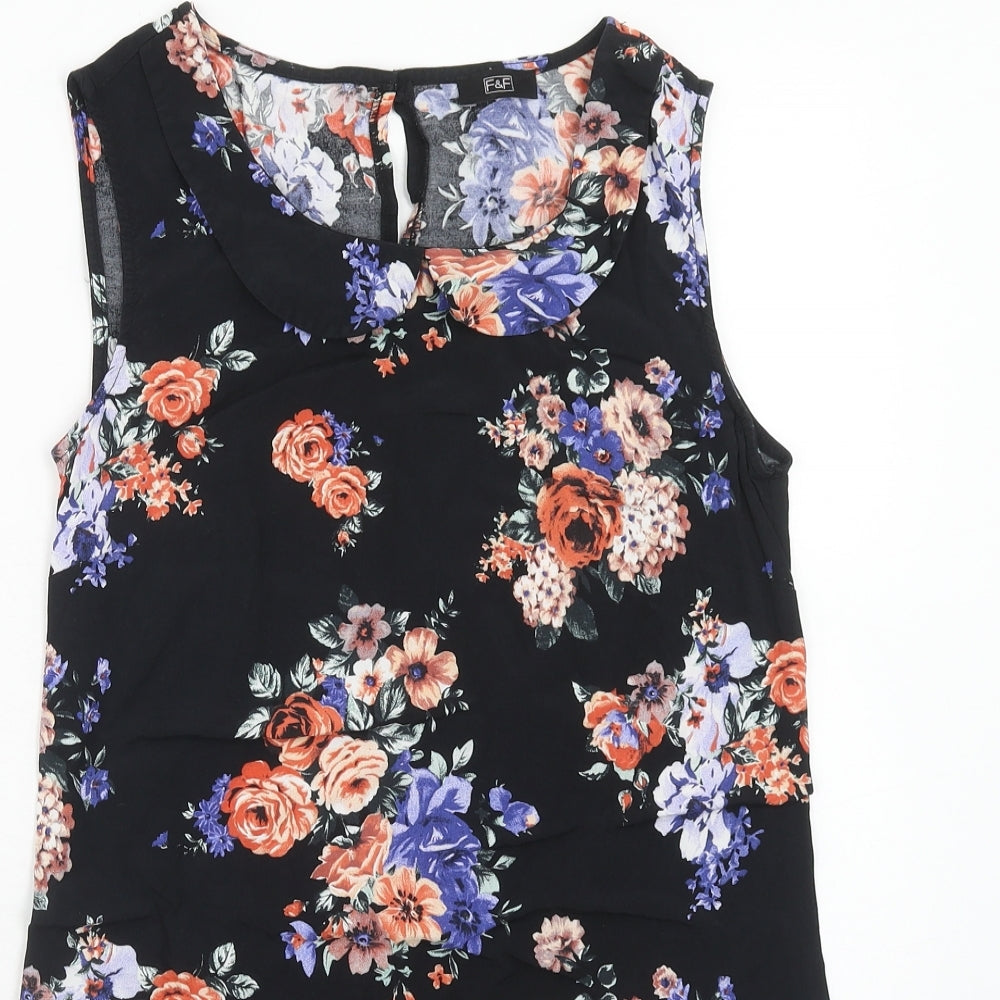 F&F Womens Black Floral Viscose Basic Blouse Size 8 Round Neck