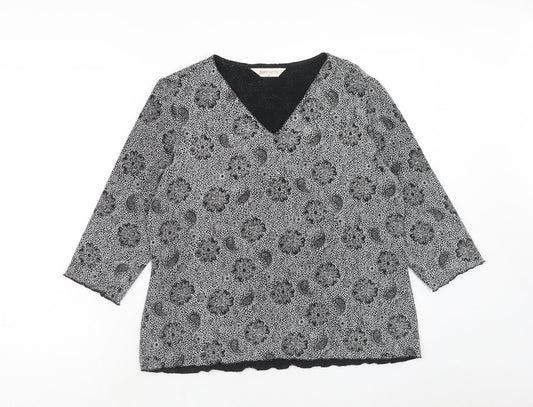 Bonmarché Womens Black Geometric Nylon Basic Blouse Size M V-Neck