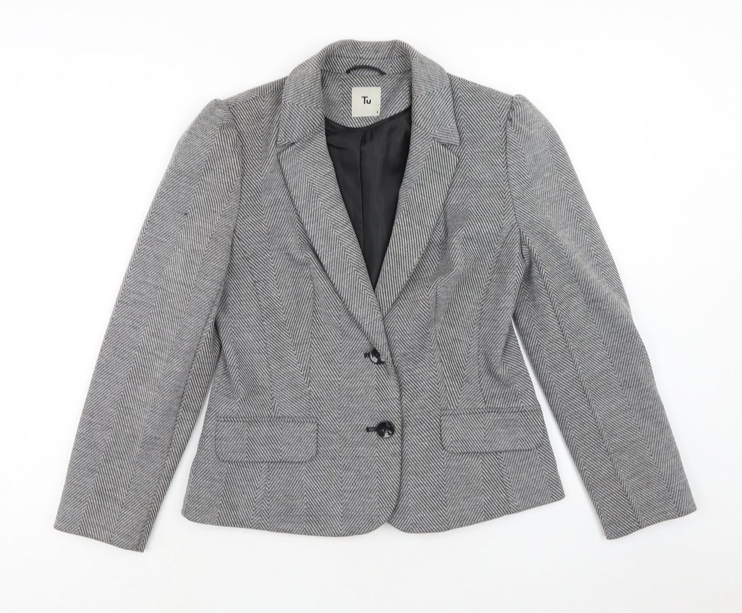 TU Womens Grey Herringbone Polyester Jacket Blazer Size 8