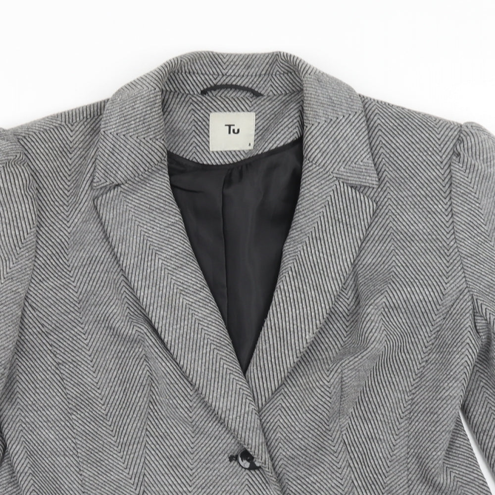 TU Womens Grey Herringbone Polyester Jacket Blazer Size 8
