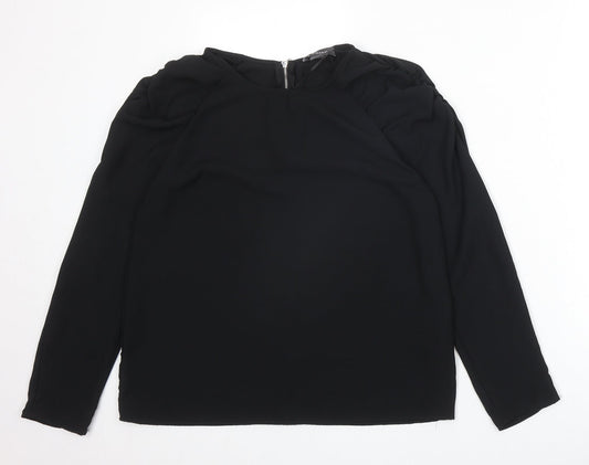 Primark Womens Black Polyester Basic Blouse Size 12 Scoop Neck - Ruched Sleeve