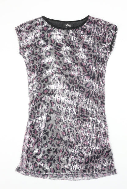 Heaven Womens Silver Animal Print Polyester T-Shirt Dress Size 8 Round Neck Pullover - Leopard Pattern