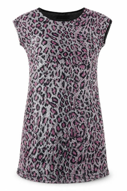 Heaven Womens Silver Animal Print Polyester T-Shirt Dress Size 8 Round Neck Pullover - Leopard Pattern