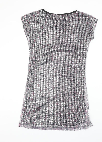 Heaven Womens Silver Animal Print Polyester T-Shirt Dress Size 8 Round Neck Pullover - Leopard Pattern