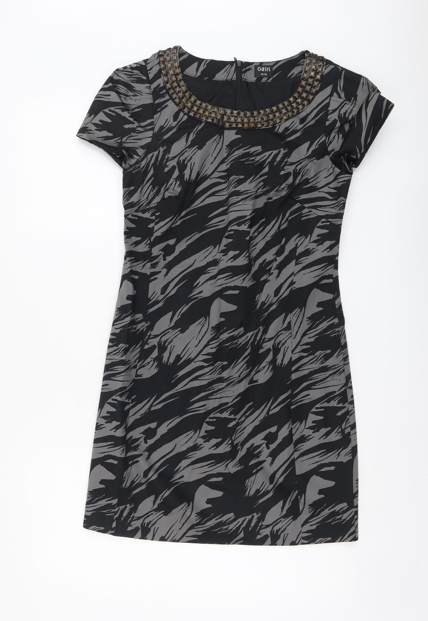 Oasis Womens Grey Geometric Cotton A-Line Size 10 Round Neck Zip