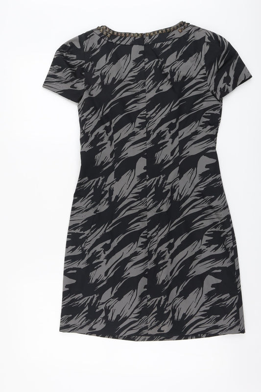 Oasis Womens Grey Geometric Cotton A-Line Size 10 Round Neck Zip