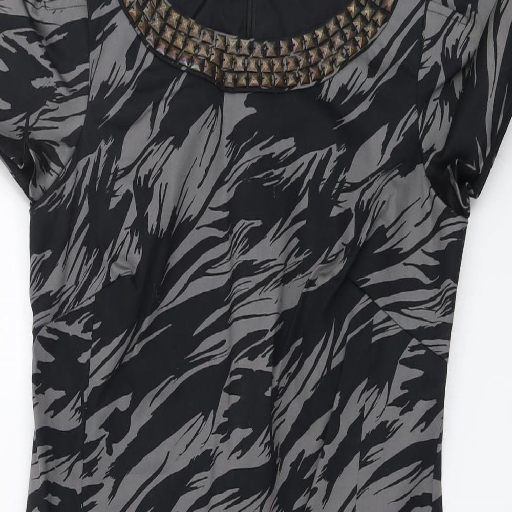 Oasis Womens Grey Geometric Cotton A-Line Size 10 Round Neck Zip