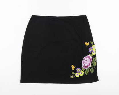 Boohoo Womens Black Floral Polyester A-Line Skirt Size 10 Zip