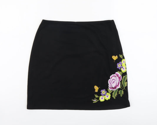 Boohoo Womens Black Floral Polyester A-Line Skirt Size 10 Zip