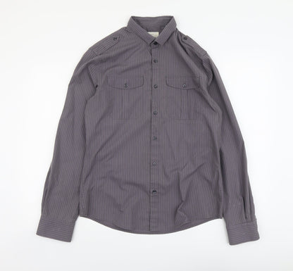 River Island Womens Grey Striped Polyester Basic Button-Up Size M Collared