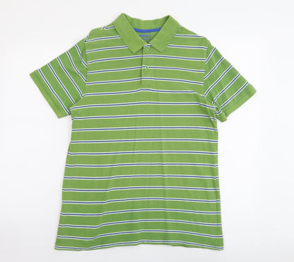 Easy Mens Green Striped Cotton Polo Size L Collared Button