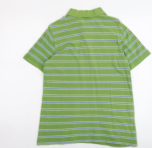 Easy Mens Green Striped Cotton Polo Size L Collared Button