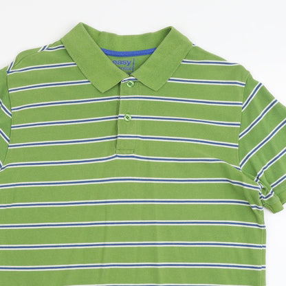 Easy Mens Green Striped Cotton Polo Size L Collared Button