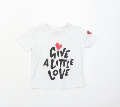 John Lewis Girls White Cotton Basic T-Shirt Size 2 Years Round Neck Pullover - Give A Little Love