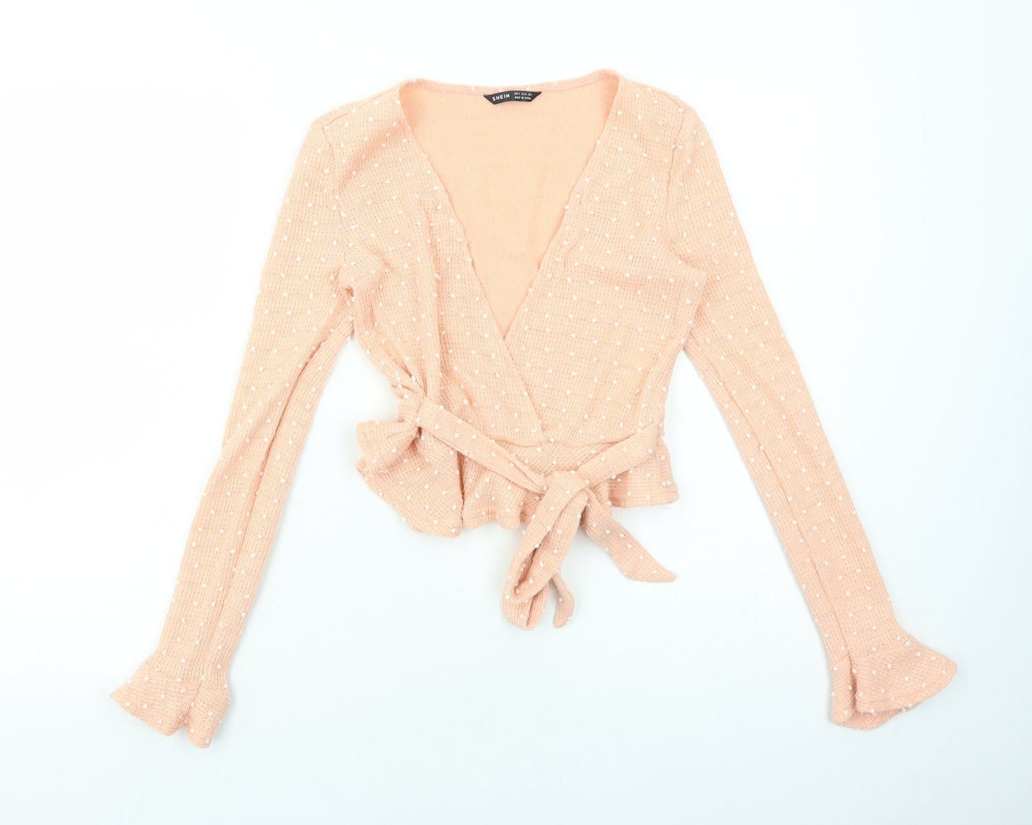 SheIn Womens Pink Polka Dot Nylon Basic Blouse Size S V-Neck