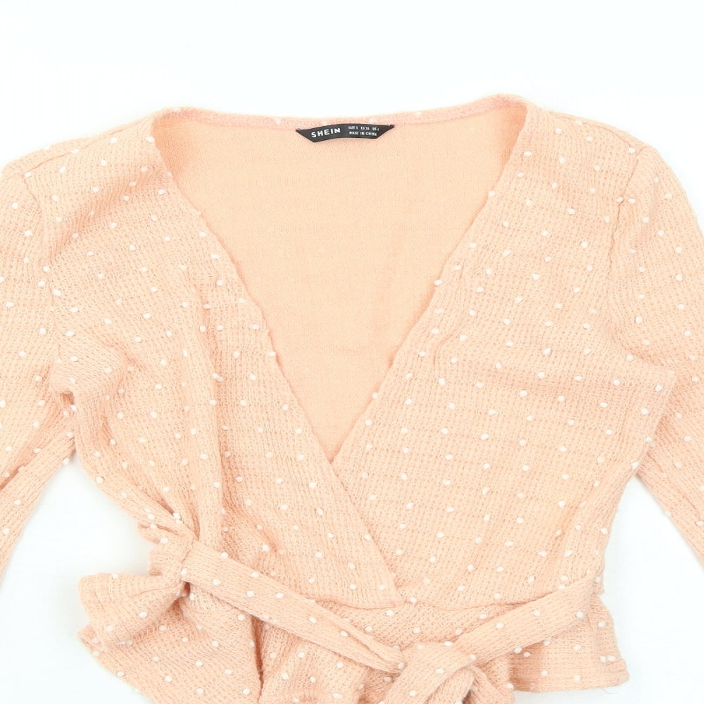 SheIn Womens Pink Polka Dot Nylon Basic Blouse Size S V-Neck