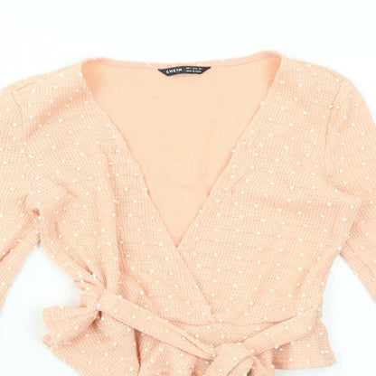 SheIn Womens Pink Polka Dot Nylon Basic Blouse Size S V-Neck