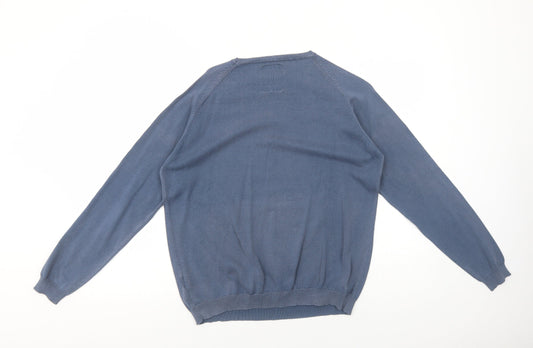 Springfield Mens Blue Round Neck Cotton Pullover Jumper Size M Long Sleeve