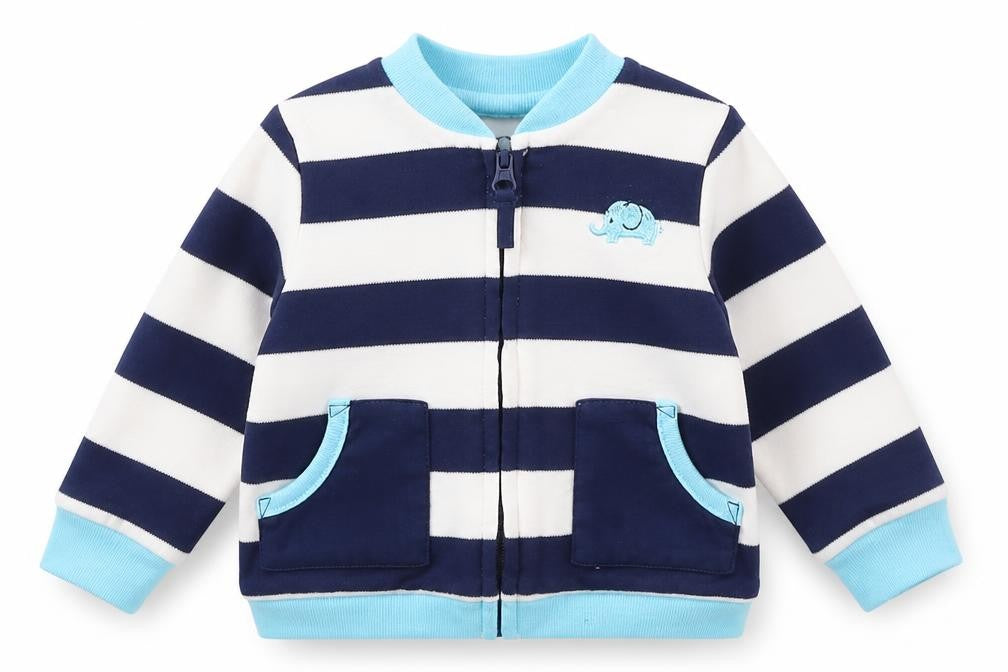 Front view of Little Me boys’ blue striped cotton jacket, size 6-9, months regular zip - elephant