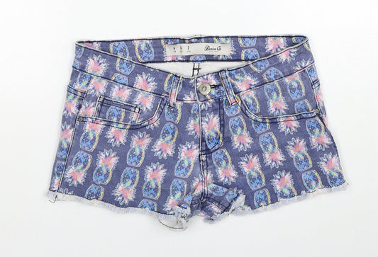 Denim & Co. Womens Blue Geometric Cotton Hot Pants Shorts Size 6 Regular Zip