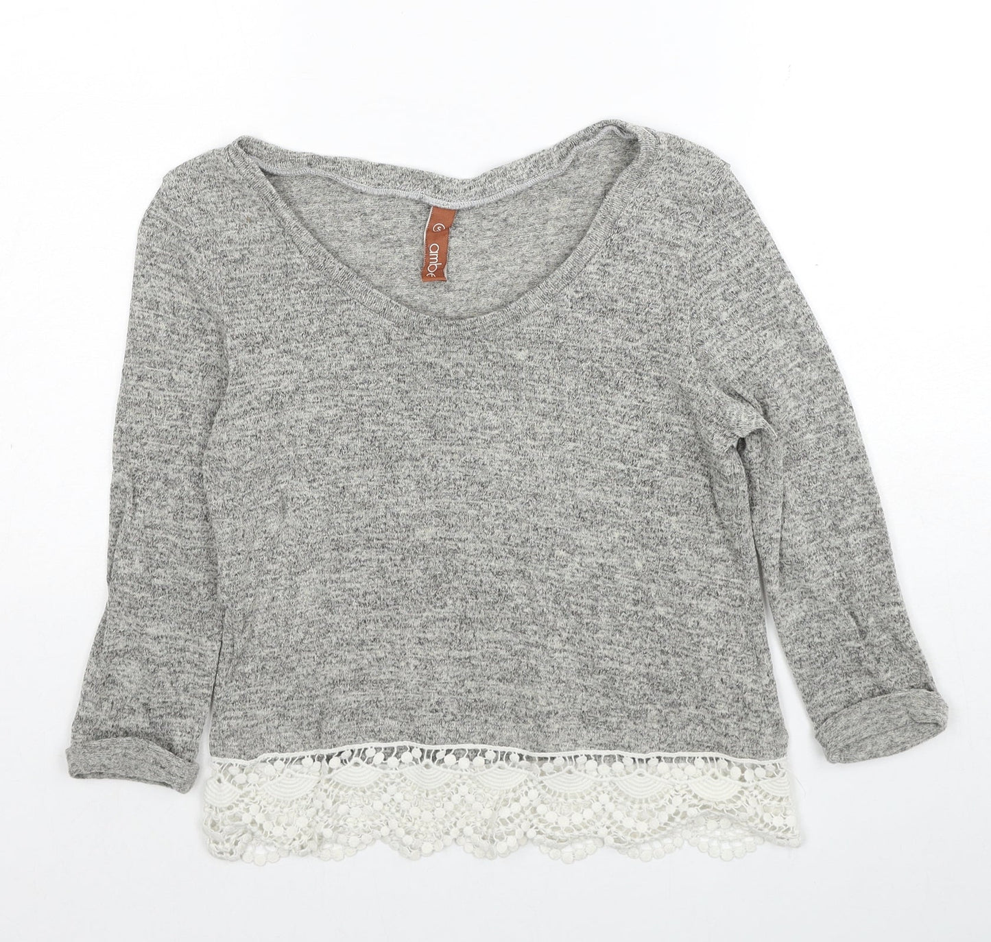 Amber Womens Grey Boat Neck Cotton Pullover Jumper Size S - Lace Trim
