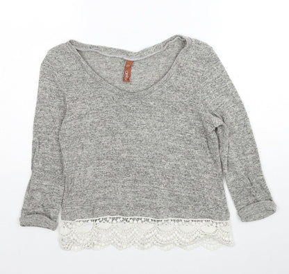 Amber Womens Grey Boat Neck Cotton Pullover Jumper Size S - Lace Trim