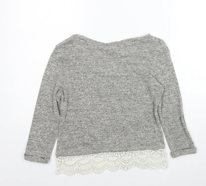 Amber Womens Grey Boat Neck Cotton Pullover Jumper Size S - Lace Trim