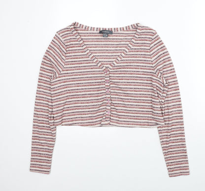 Primark Womens Red V-Neck Striped Polyester Cardigan Jumper Size 12