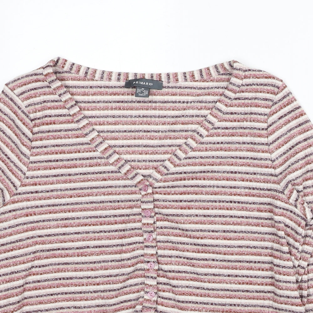 Primark Womens Red V-Neck Striped Polyester Cardigan Jumper Size 12