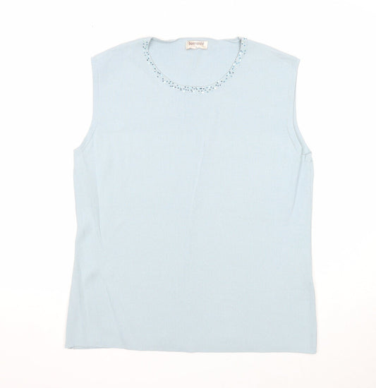 Bonmarché Womens Blue Viscose Basic Blouse Size L Round Neck - Embellished Neckline