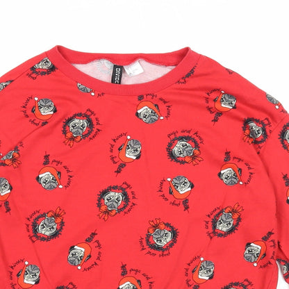Divided Womens Red Geometric Cotton Pullover Sweatshirt Size S Pullover - Christmas Pug