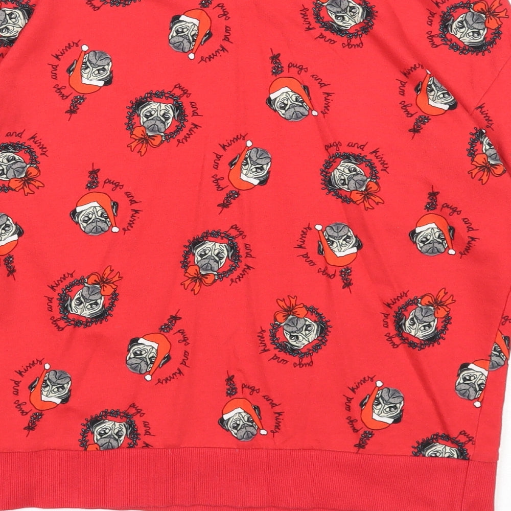 Divided Womens Red Geometric Cotton Pullover Sweatshirt Size S Pullover - Christmas Pug