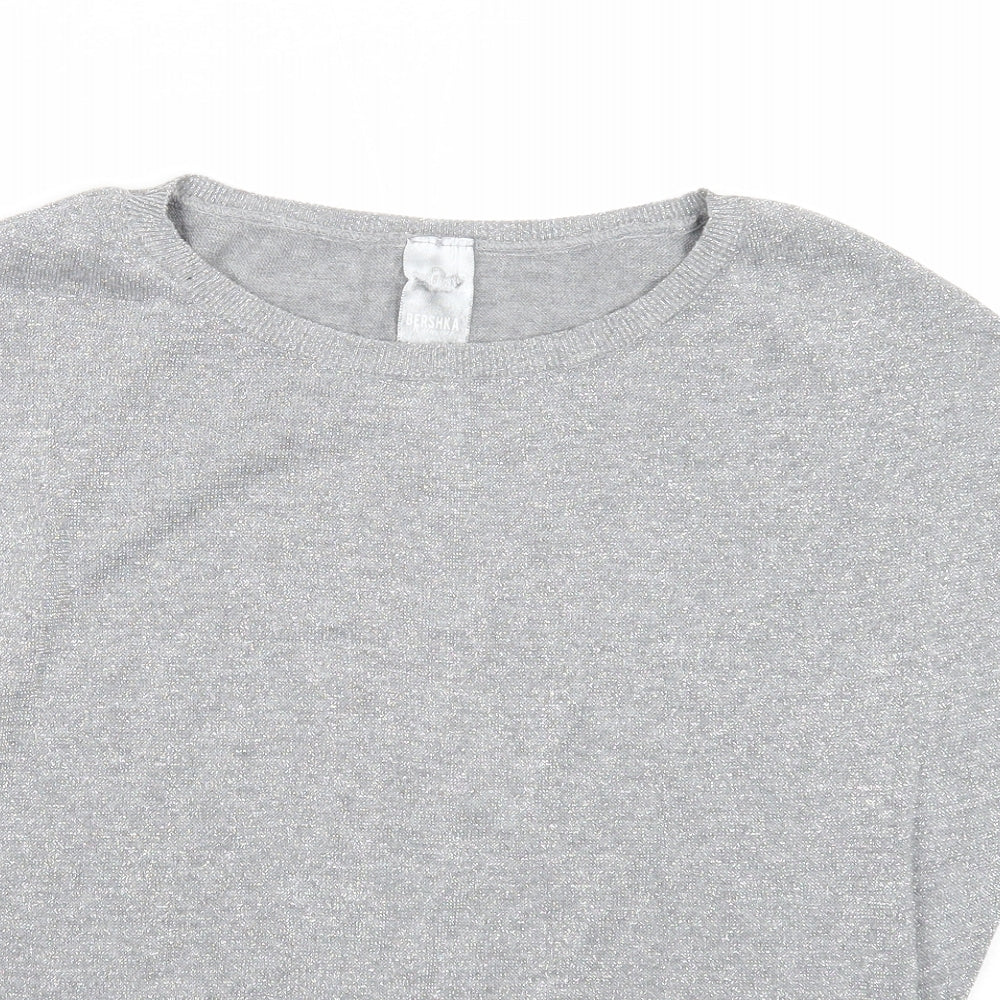 Bershka Womens Silver Cotton Basic Blouse Size S Round Neck