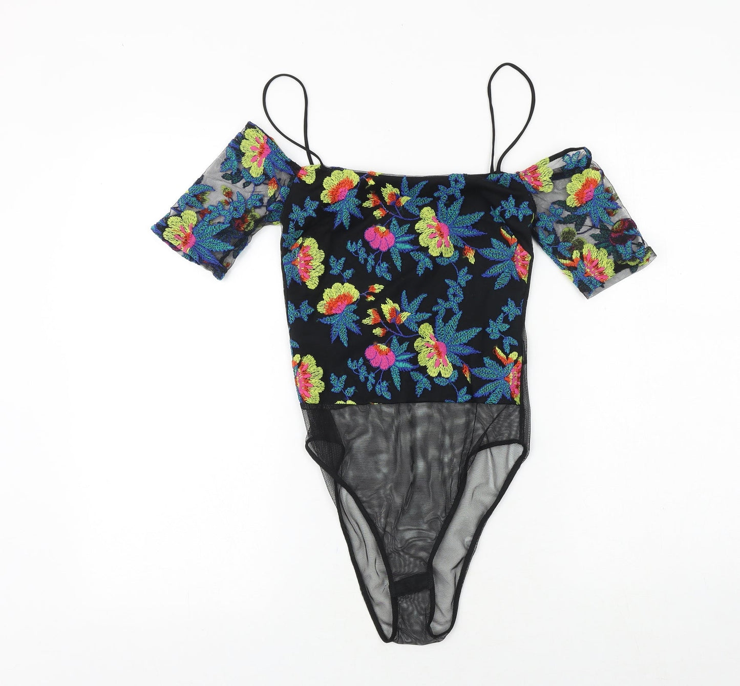 Topshop Womens Black Floral Polyester Bodysuit One-Piece Size 6 Snap