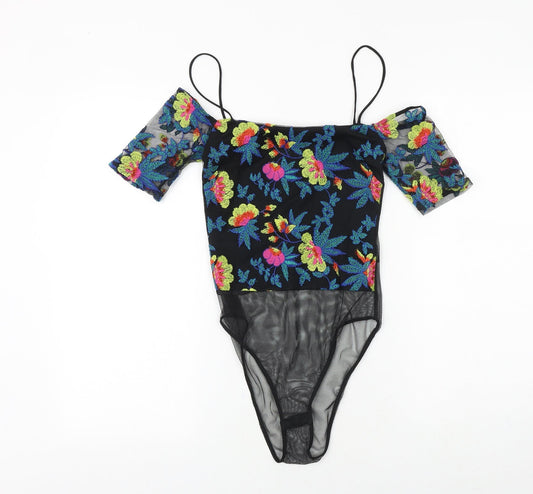 Topshop Womens Black Floral Polyester Bodysuit One-Piece Size 6 Snap