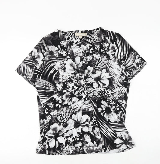 Anthology Womens Black Floral Polyester Basic T-Shirt Size 14 V-Neck - Twist Detail