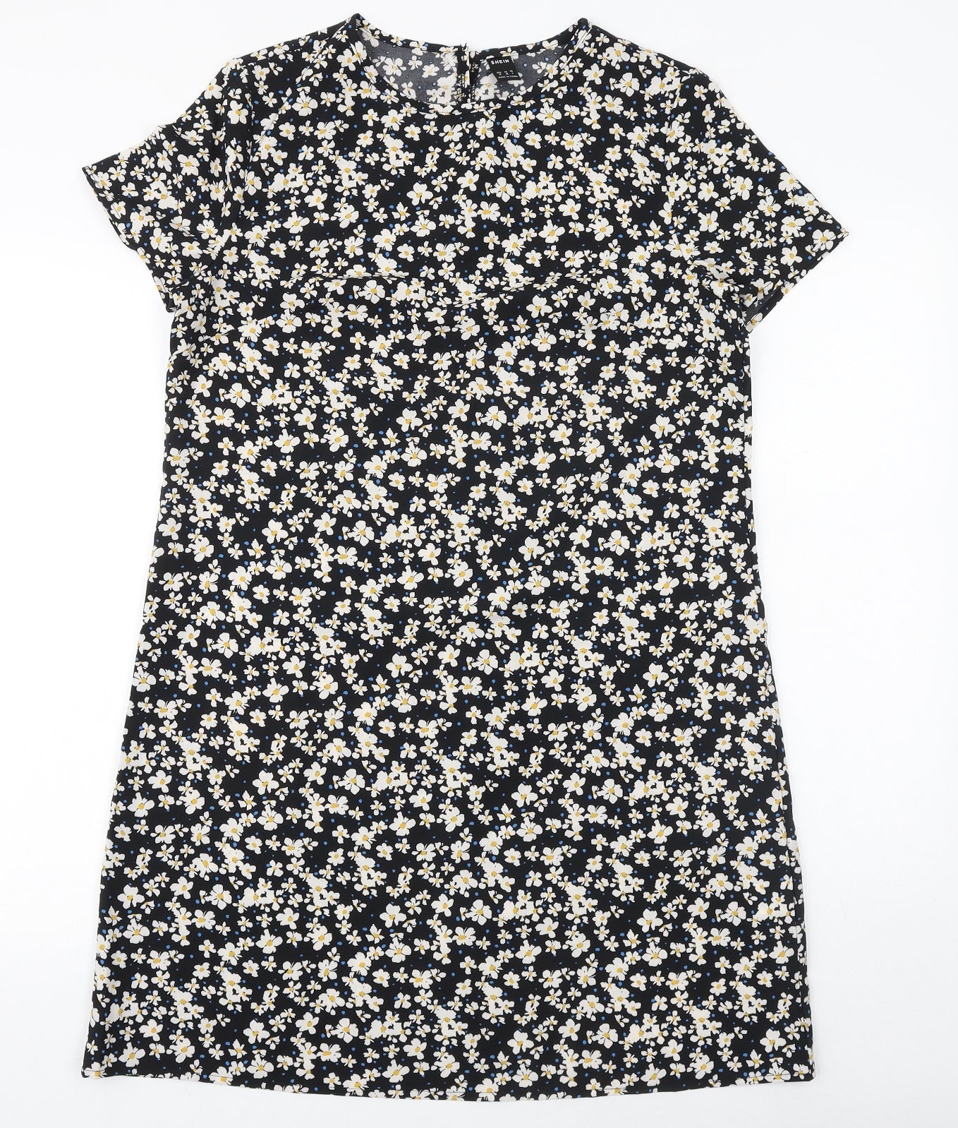 SheIn Womens Black Floral Polyester A-Line Size M Round Neck Button