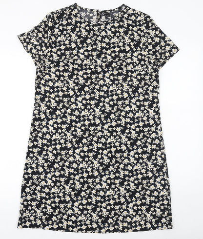 SheIn Womens Black Floral Polyester A-Line Size M Round Neck Button