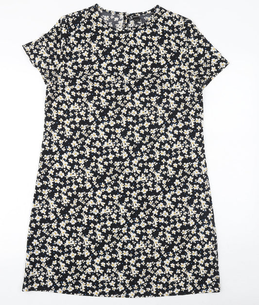 SheIn Womens Black Floral Polyester A-Line Size M Round Neck Button