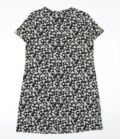 SheIn Womens Black Floral Polyester A-Line Size M Round Neck Button