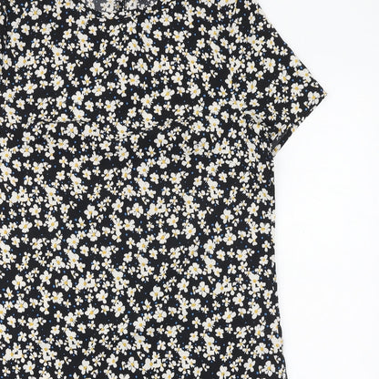 SheIn Womens Black Floral Polyester A-Line Size M Round Neck Button