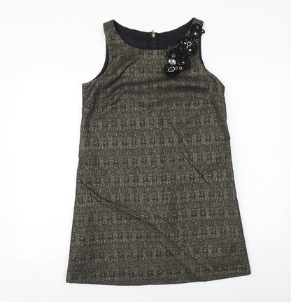River Island Womens Black Geometric Wool A-Line Size 12 Round Neck Zip - Flower Detail