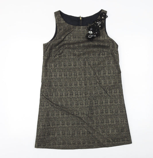 River Island Womens Black Geometric Wool A-Line Size 12 Round Neck Zip - Flower Detail