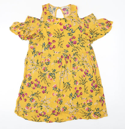 Glamorous Womens Yellow Floral Viscose A-Line Size S Round Neck Button