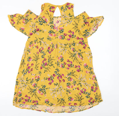 Glamorous Womens Yellow Floral Viscose A-Line Size S Round Neck Button