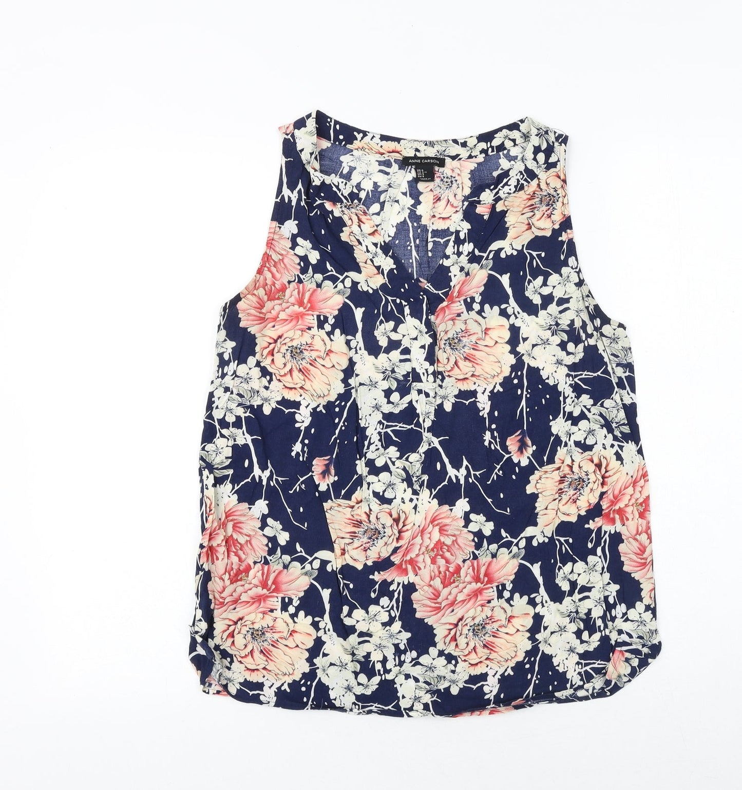 Anne Carson Womens Blue Floral Viscose Basic Tank Size S V-Neck