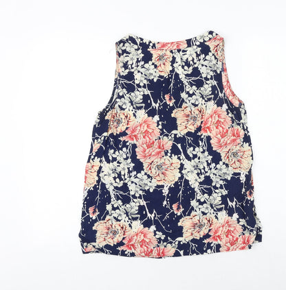 Anne Carson Womens Blue Floral Viscose Basic Tank Size S V-Neck