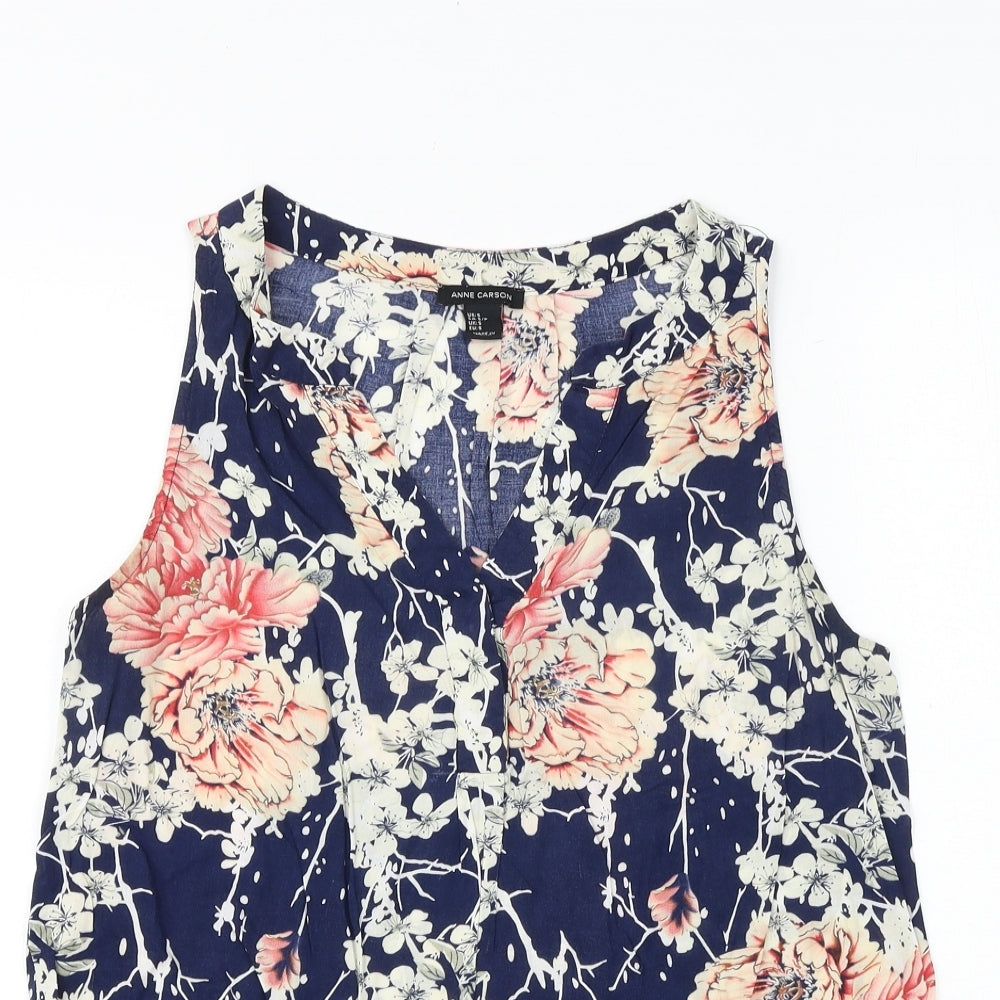 Anne Carson Womens Blue Floral Viscose Basic Tank Size S V-Neck
