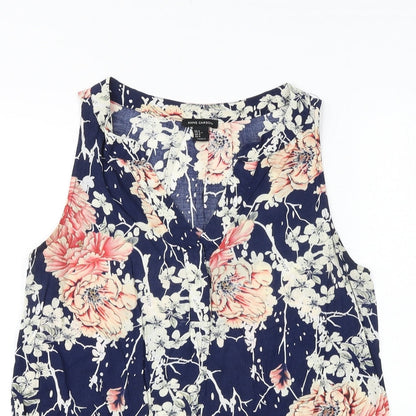 Anne Carson Womens Blue Floral Viscose Basic Tank Size S V-Neck